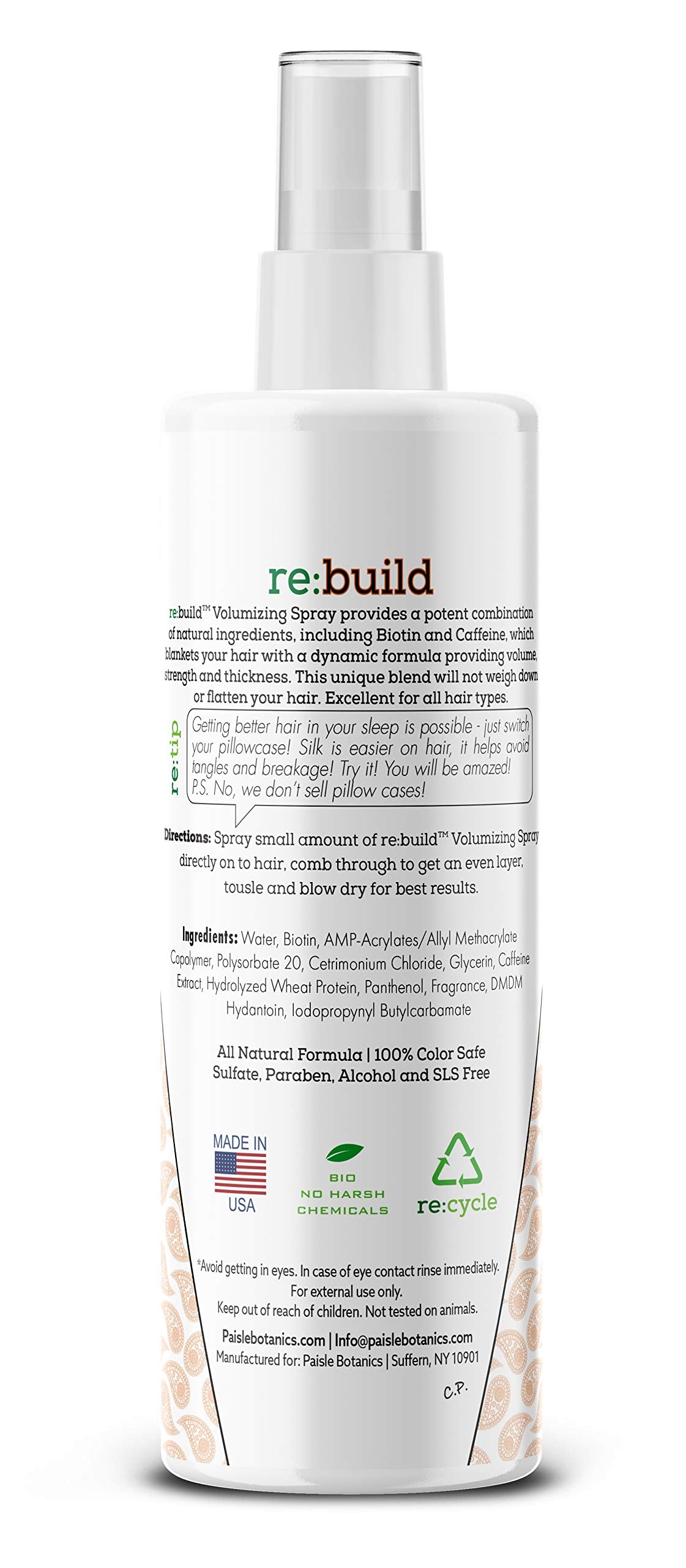 Paisle Botanics volumizing spray shown delivering a fuller feel and soft touch.