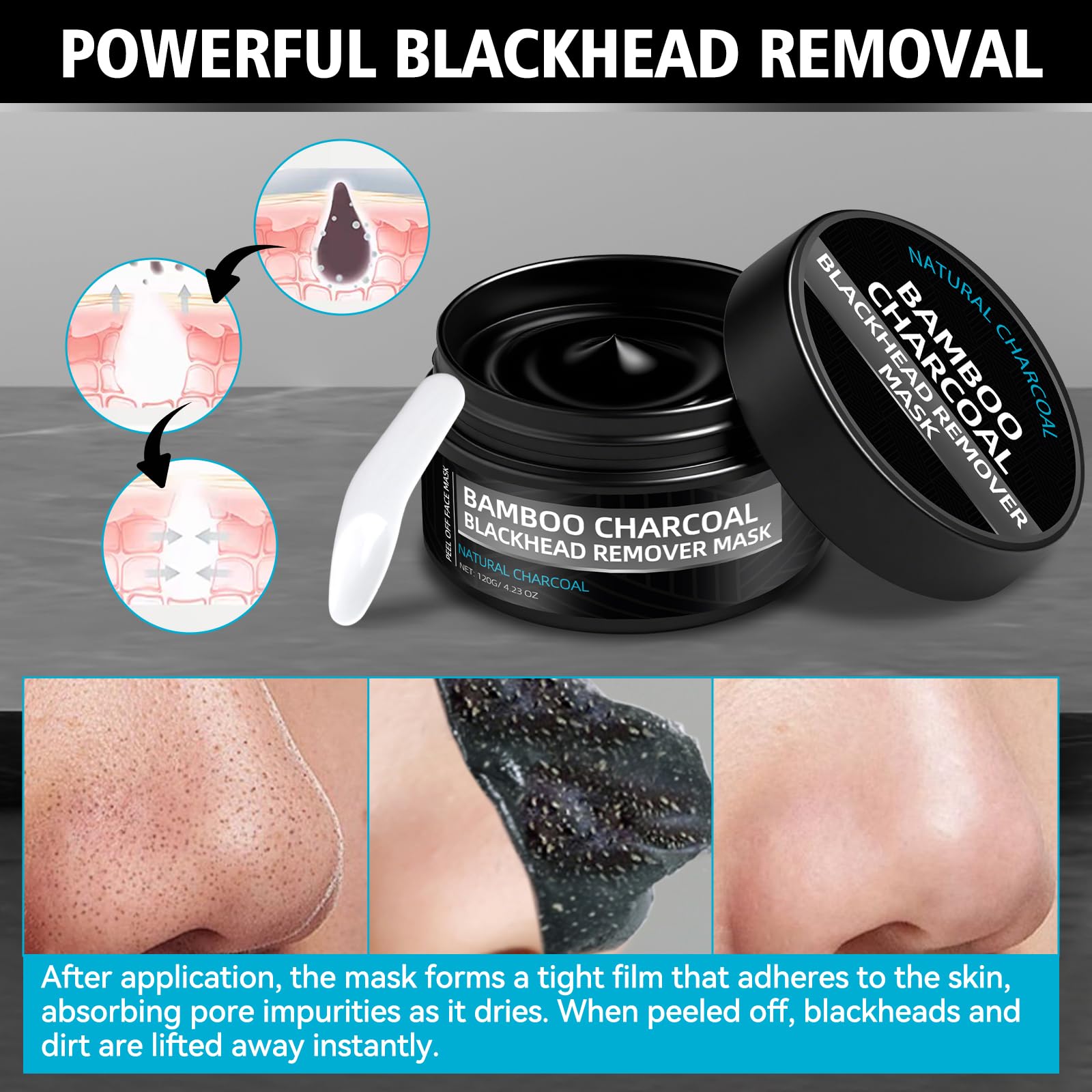 Paistely charcoal peel-off strip on the nose demonstrates impurity removal.