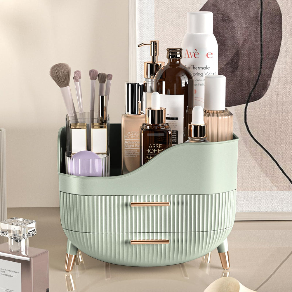 Pajiriona large cosmetic display case on a dresser for showcasing products.
