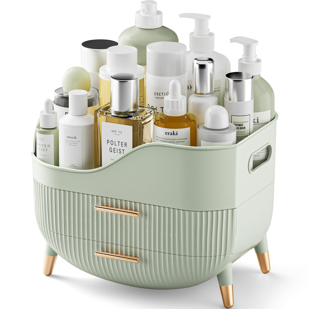 Pajiriona makeup organizer with drawers neatly arranged on a vanity.