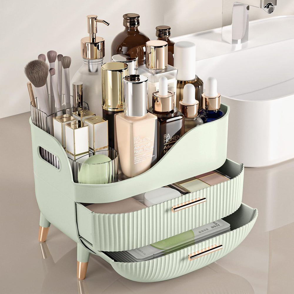 Pajiriona skincare organizer top compartment holds tall bottles.