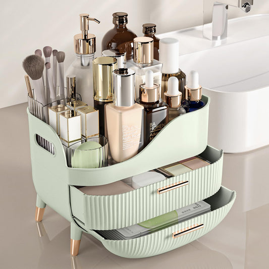 Pajiriona skincare organizer top compartment holds tall bottles.