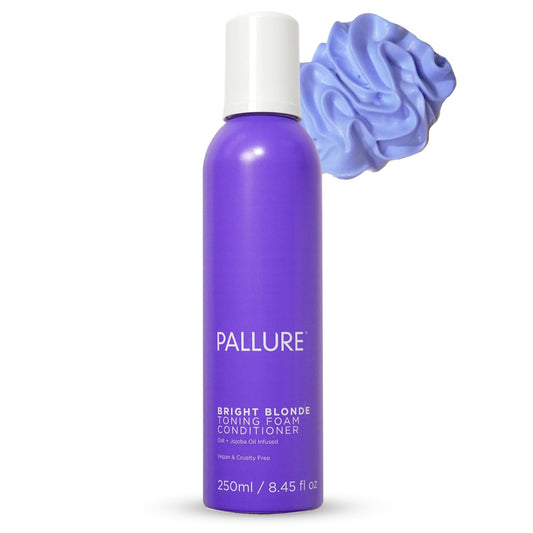 Pallure Bright Blonde Foam bottle highlights violet pigment for reducing brassiness.