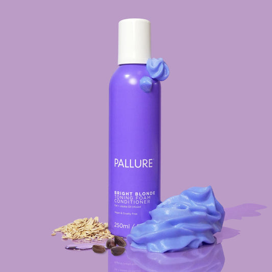 Pallure Bright Blonde Foam application shown on damp hair for even toning.