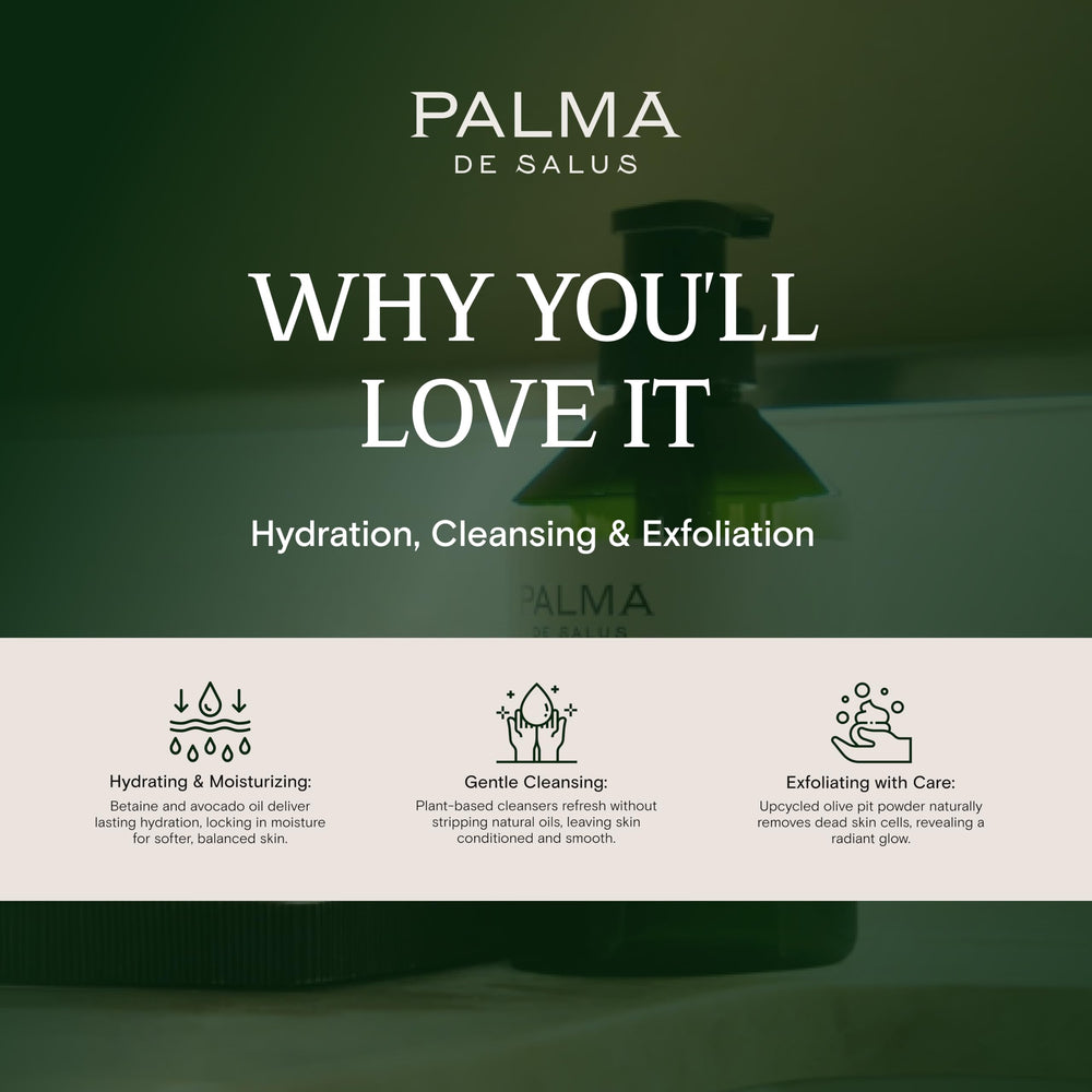 Palma de Salus creamy lather cleanses without stripping skin.