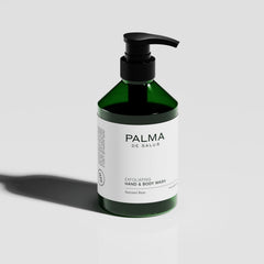 Palma de Salus exfoliating wash with olive pit powder texture for gentle renewal.