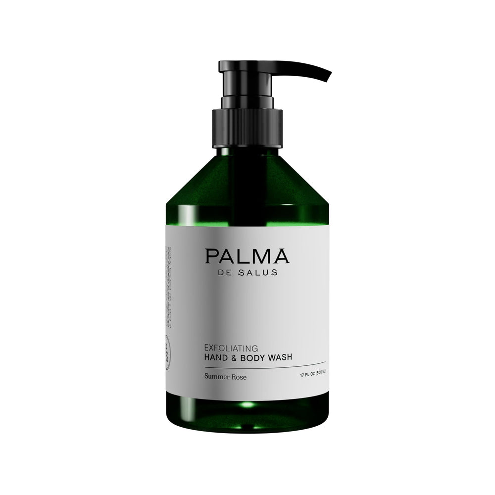 Palma de Salus Exfoliating Wash rose bottle on bathroom shelf for daily hydrating cleansing.