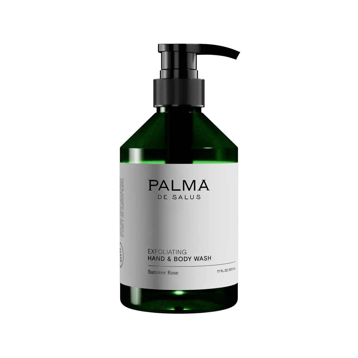Palma de Salus Exfoliating Wash rose bottle on bathroom shelf for daily hydrating cleansing.