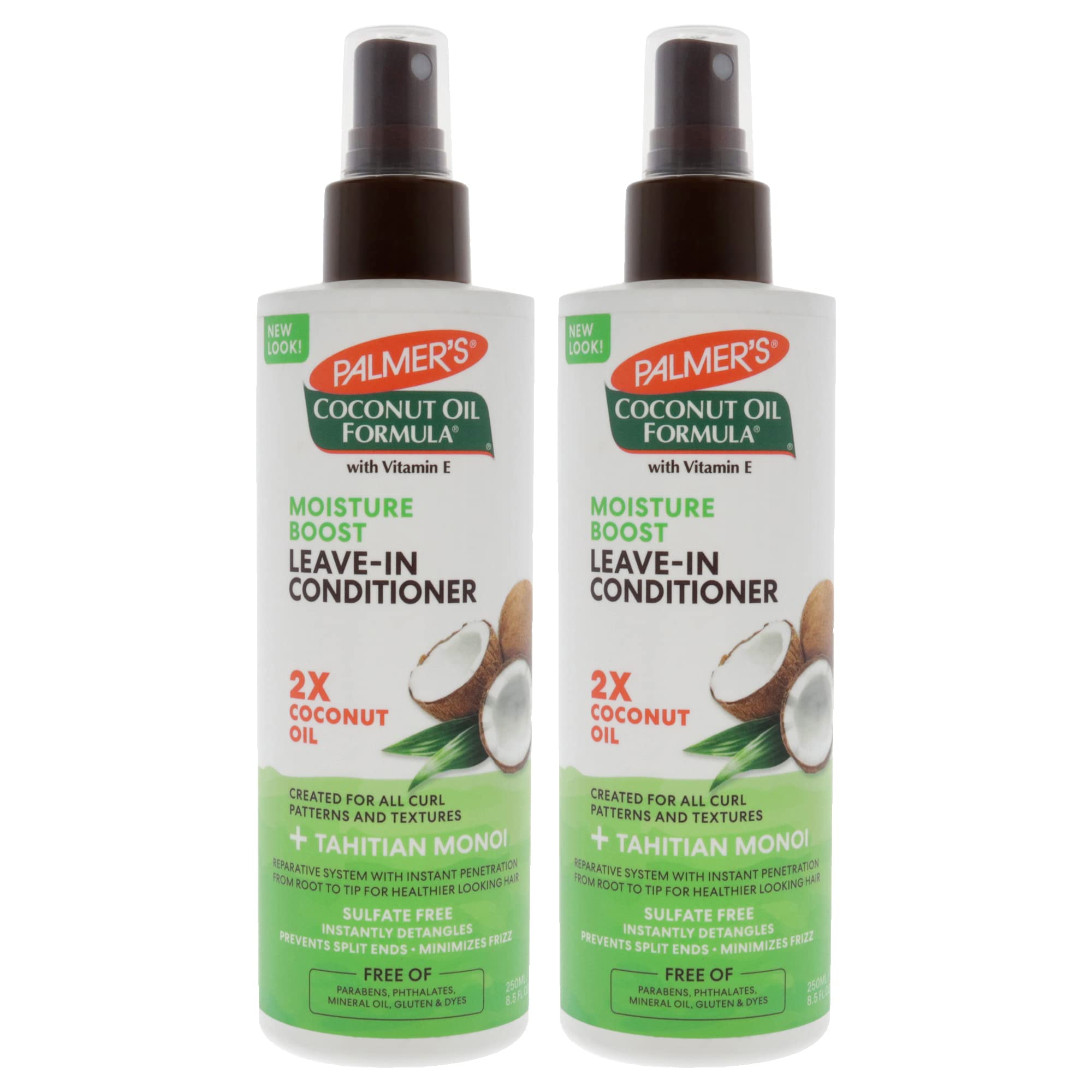 Palmers coconut oil leave-in conditioner bottle for detangling and frizz control.