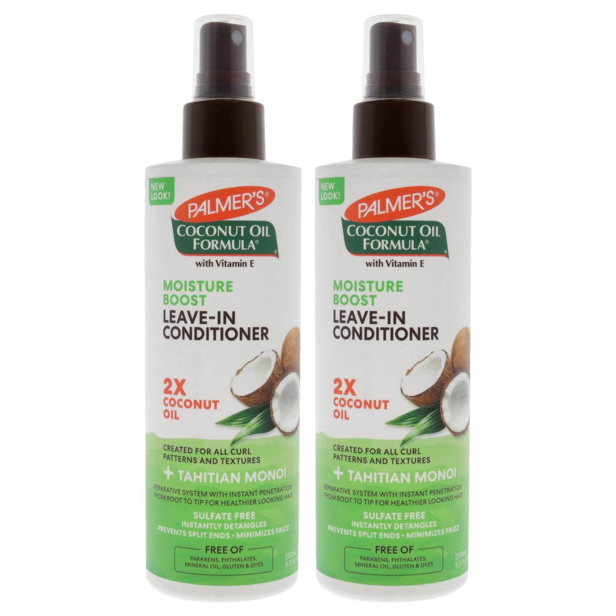 Palmers coconut oil leave-in conditioner bottle for detangling and frizz control.