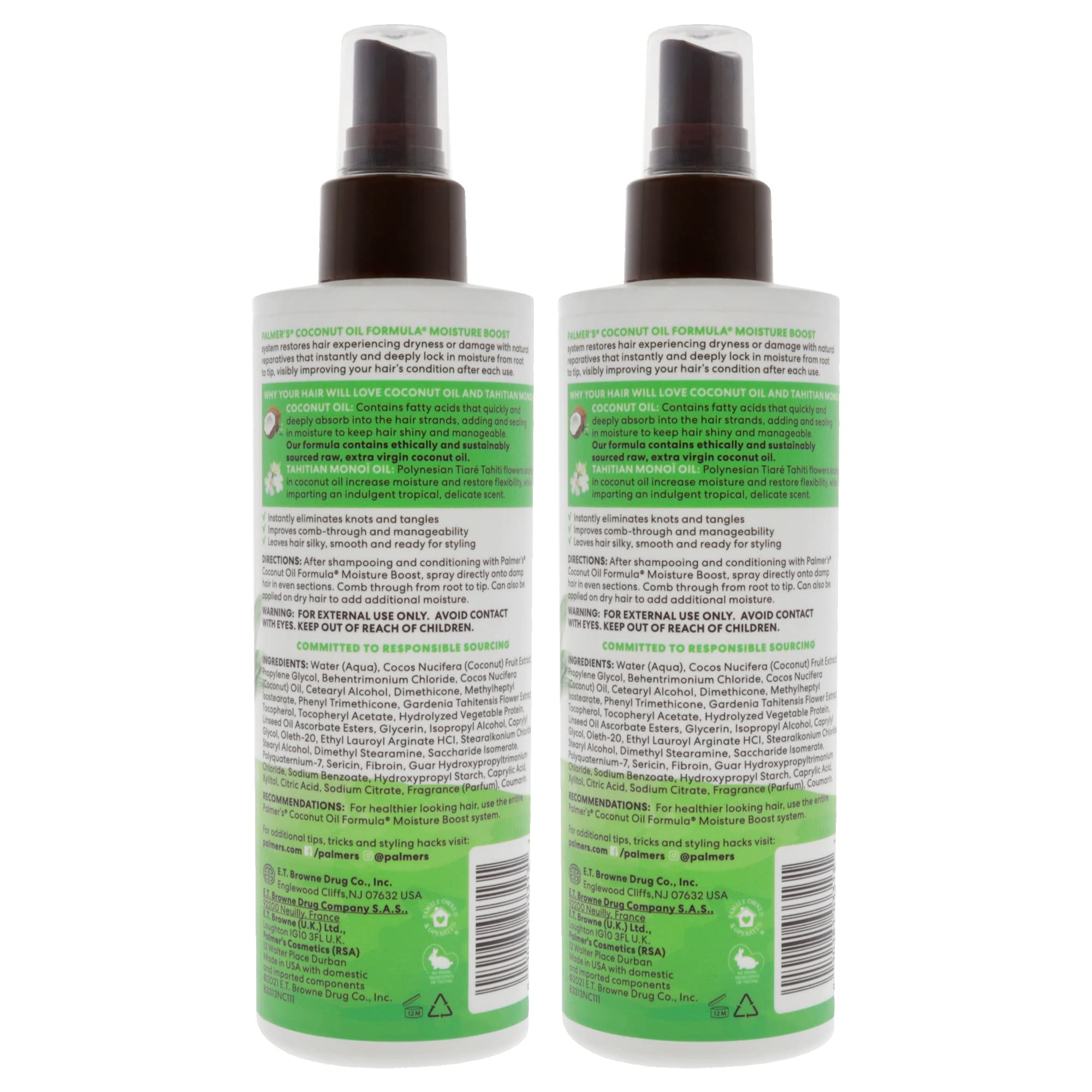 Palmers coconut oil leave-in conditioner pack showing two 8.5 oz bottles for easy styling.