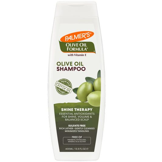 Palmer's Olive Oil Shine Therapy Shampoo bottle front with glossy hair