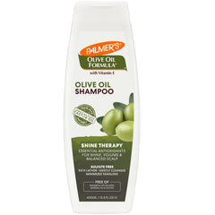 Palmer's Olive Oil Shine Therapy Shampoo bottle front with glossy hair