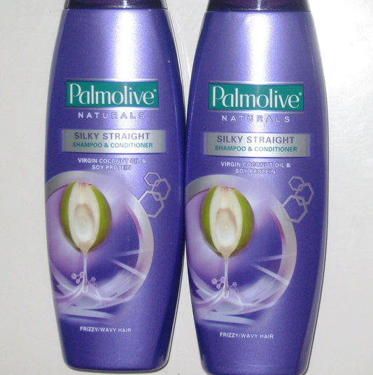 Palmolive Naturals Silky Straight shampoo bottle smooths frizzy waves.