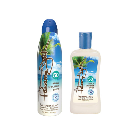 Panama Jack 50-50 Duo lotion bottle providing SPF 50 protection and moisture