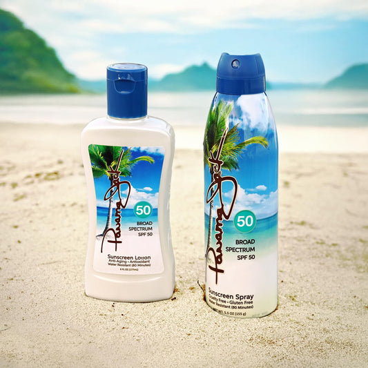 Panama Jack 50-50 Duo spray bottle delivering SPF 50 for quick sun protection