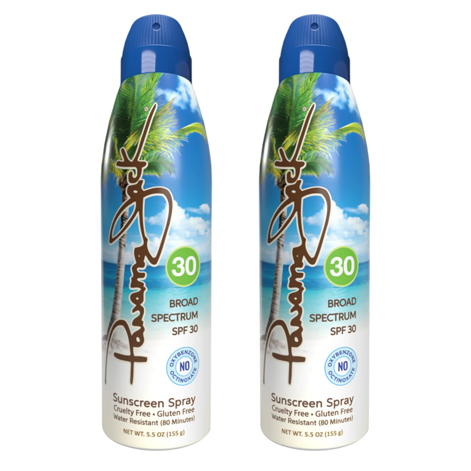 Panama Jack continuous spray sunscreen bottle with SPF 30 provides broad spectrum coverage.