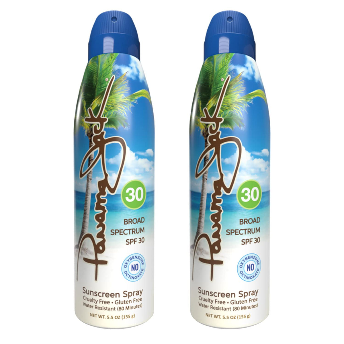Panama Jack continuous spray sunscreen bottle with SPF 30 provides broad spectrum coverage.