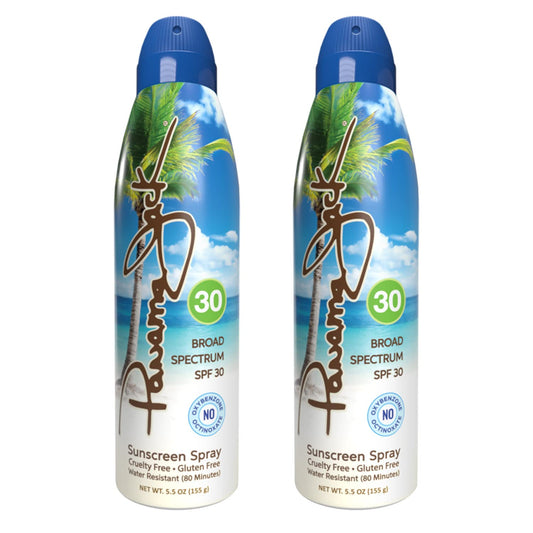 Panama Jack continuous spray sunscreen bottle with SPF 30 provides broad spectrum coverage.