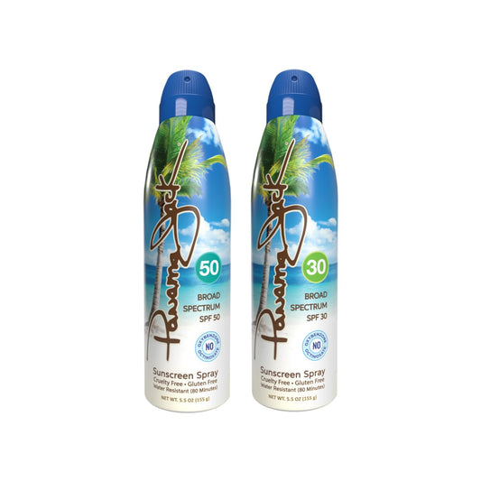 Panama Jack Explorer Duo SPF 50 spray bottle with broad spectrum protection outdoors.