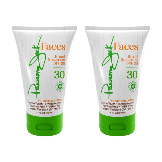 Panama Jack Faces sunscreen lotion bottle with SPF 30 for everyday sun protection.