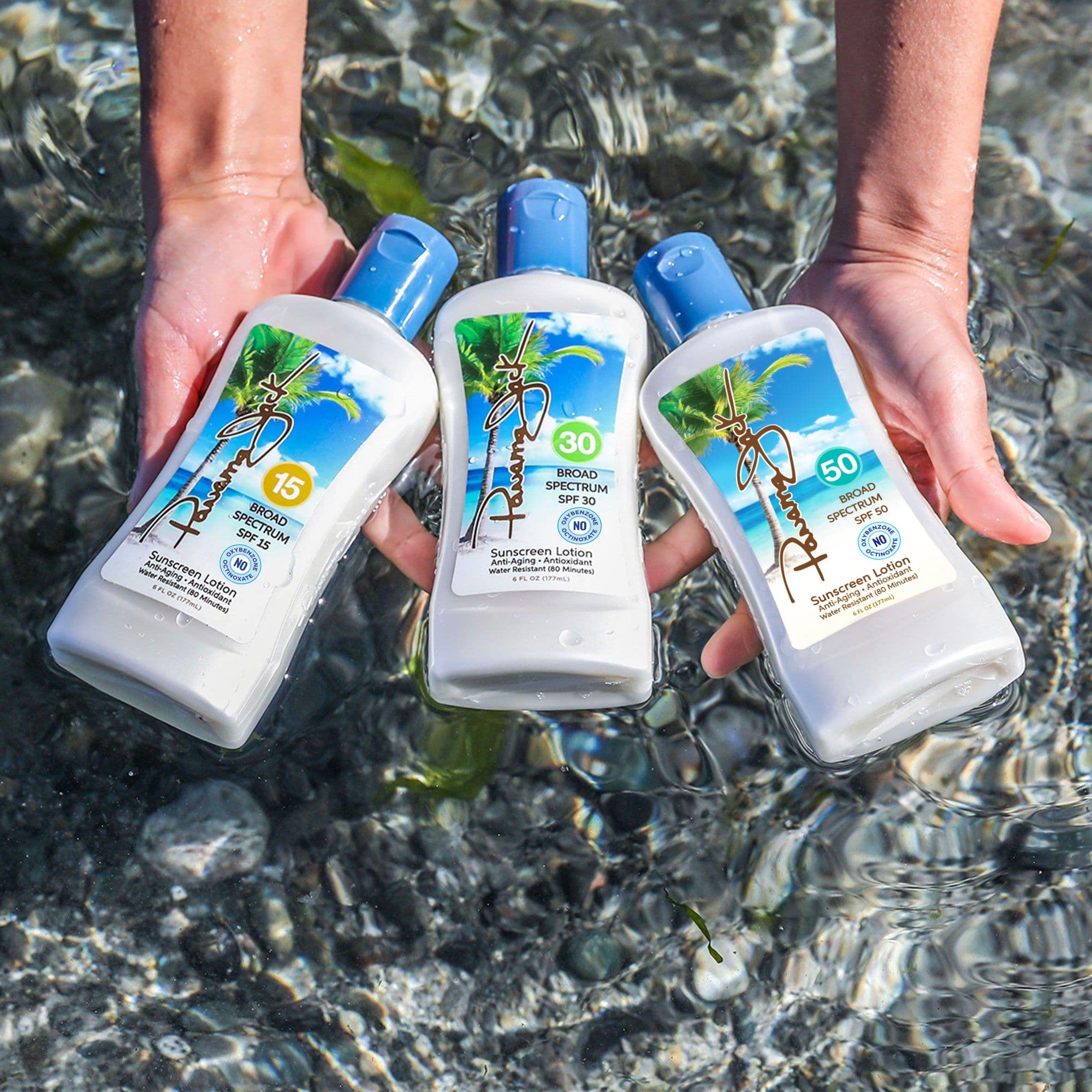 Panama Jack sunscreen easy-dispense bottle enables quick reapplications.