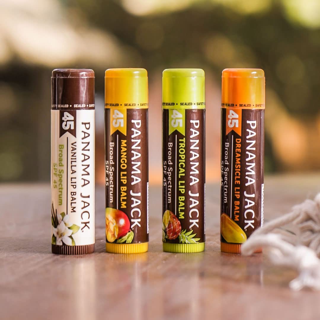 Panama Jack lip balm label close-up with SPF 45 protection