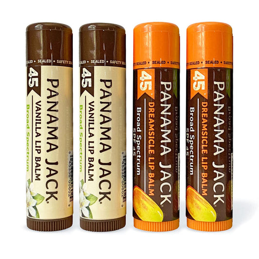 Panama Jack Sunscreen Lip Balm Dreamsicle on lips with SPF 45 protection
