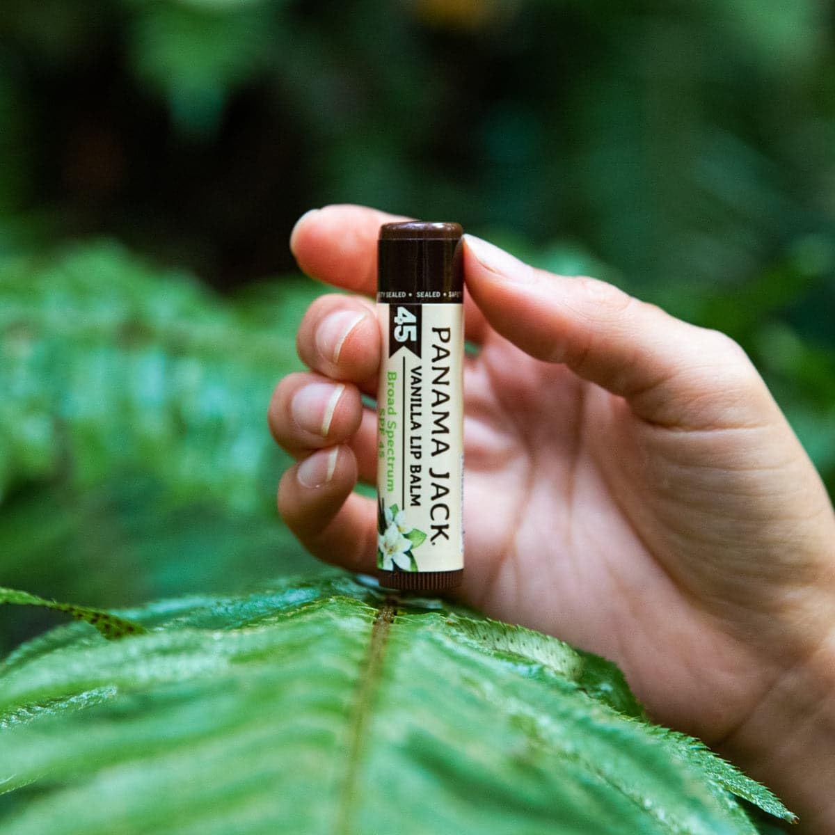 Panama Jack Sunscreen Lip Balm label explains broad UVA-UVB coverage