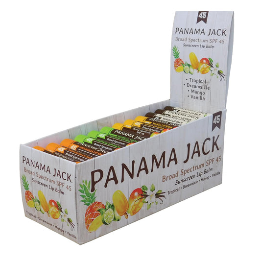 Panama Jack Sunscreen Lip Balm SPF 45 tube close-up showing smooth application and protection