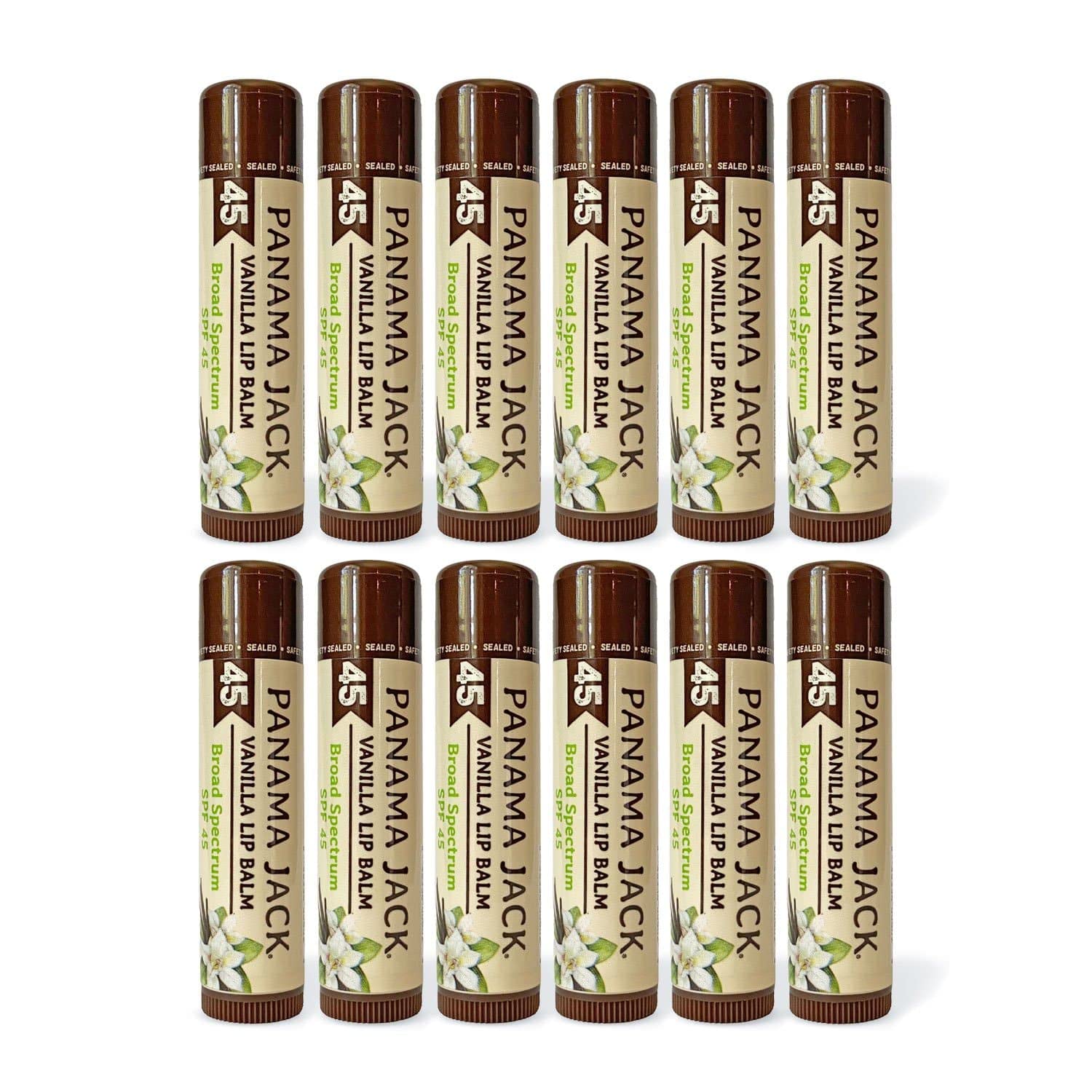 Panama Jack Sunscreen Lip Balm vanilla application; smooth hydration with SPF 45 protection.