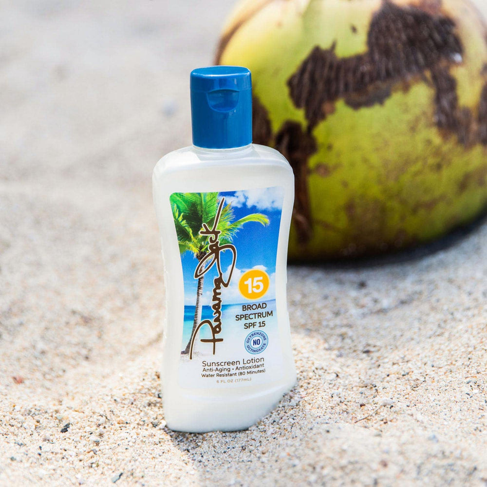 Panama Jack SPF 15 label on bottle helps track protection level.