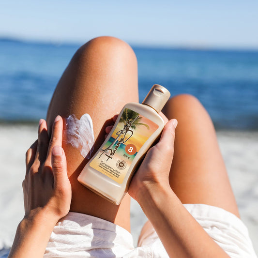 Close-up of Panama Jack Sunscreen Tanning Lotion SPF 8 label with ingredients