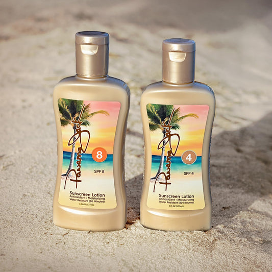 Panama Jack Sunseeker SPF 4 bottle shows travel-sized tanning lotion with light hydration