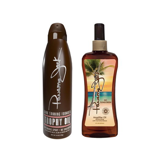Panama Jack Trailblazer Trophy bottle closeup—silky glide bronzing oil