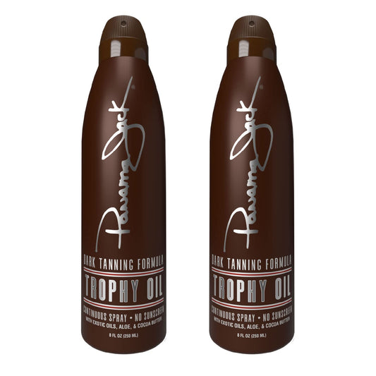 Panama Jack Trophy Oil bottle with tropical scent and lightweight formula for easy application.