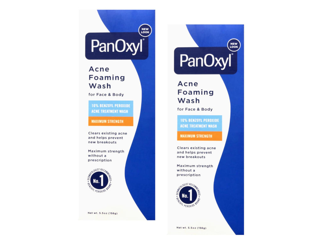 PanOxyl 10% Acne Foaming Wash bottle front view with purifying foam benefit description