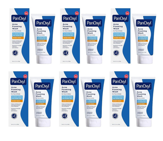 PanOxyl Foaming Acne Wash pack shot highlights six bottles for daily cleansing.
