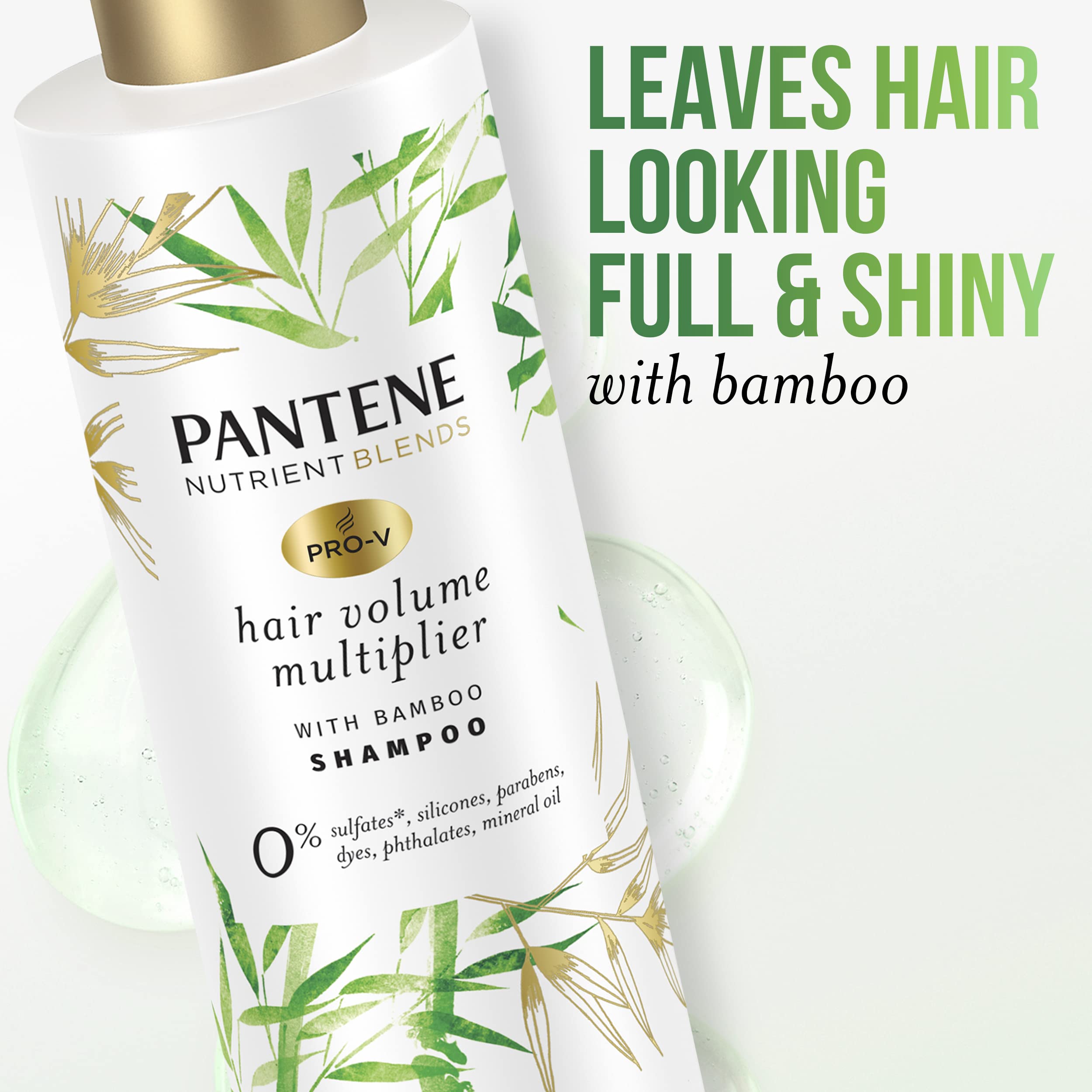 Pantene bamboo extract and vitamin B5 promote shiny hair in close-up shot.