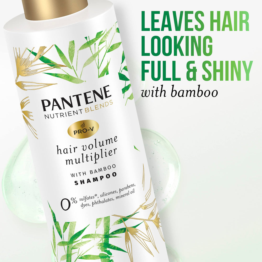 Pantene bamboo extract and vitamin B5 promote shiny hair in close-up shot.