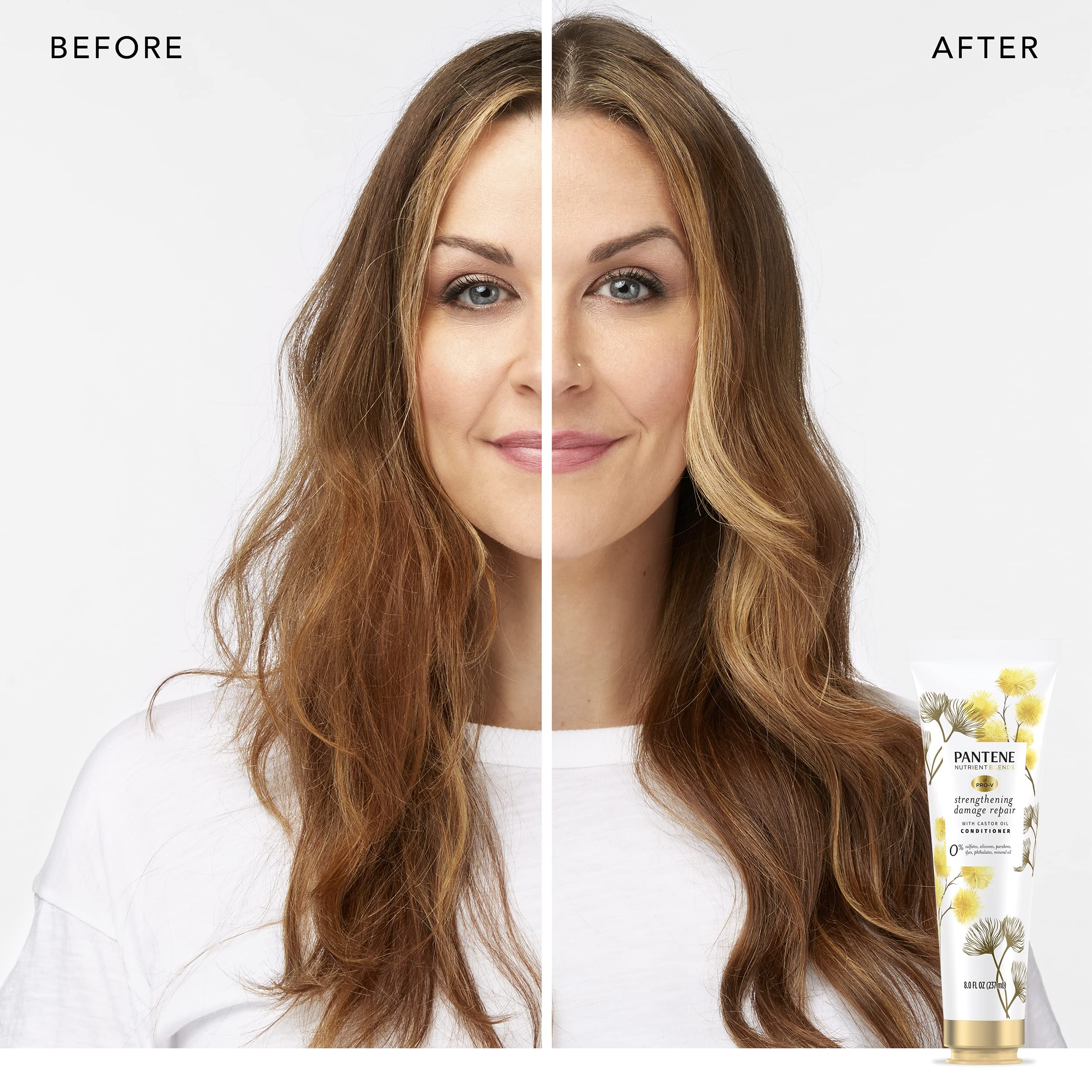 Pantene castor oil formula closeup highlighting nourishing ingredients for color-treated hair.