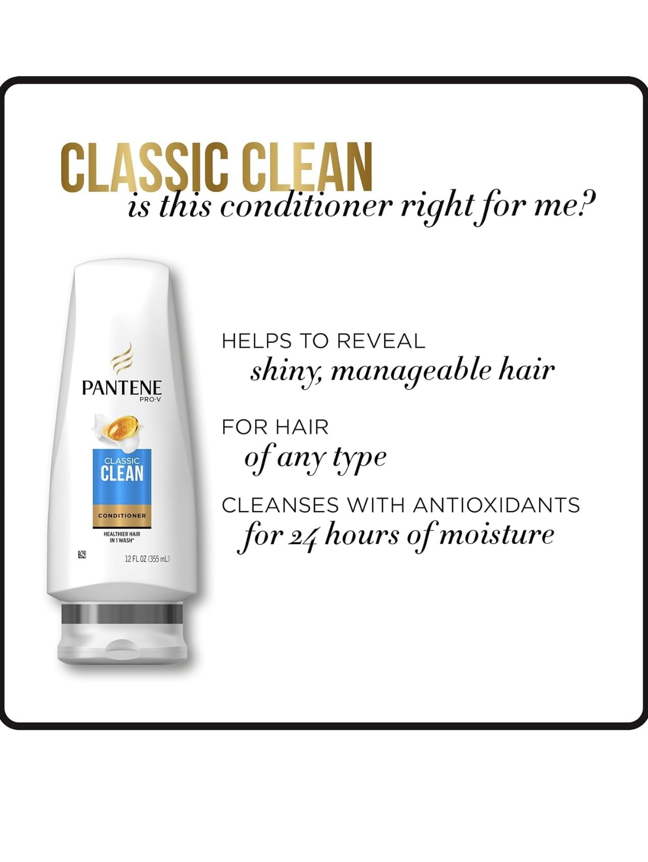 Shiny, healthy-looking hair after using Pantene Classic Clean conditioner.