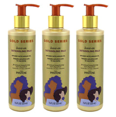 Pantene Gold Series Leave-In Detangling Milk bottle pour shows effortless detangling for smooth hair.
