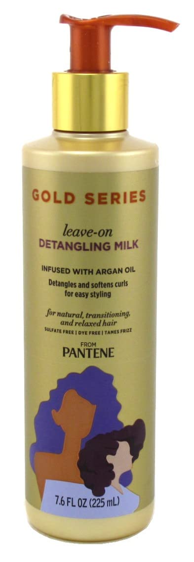 Pantene Gold Series Leave-In Detangling Milk cream texture highlights rich moisture for frizz control.