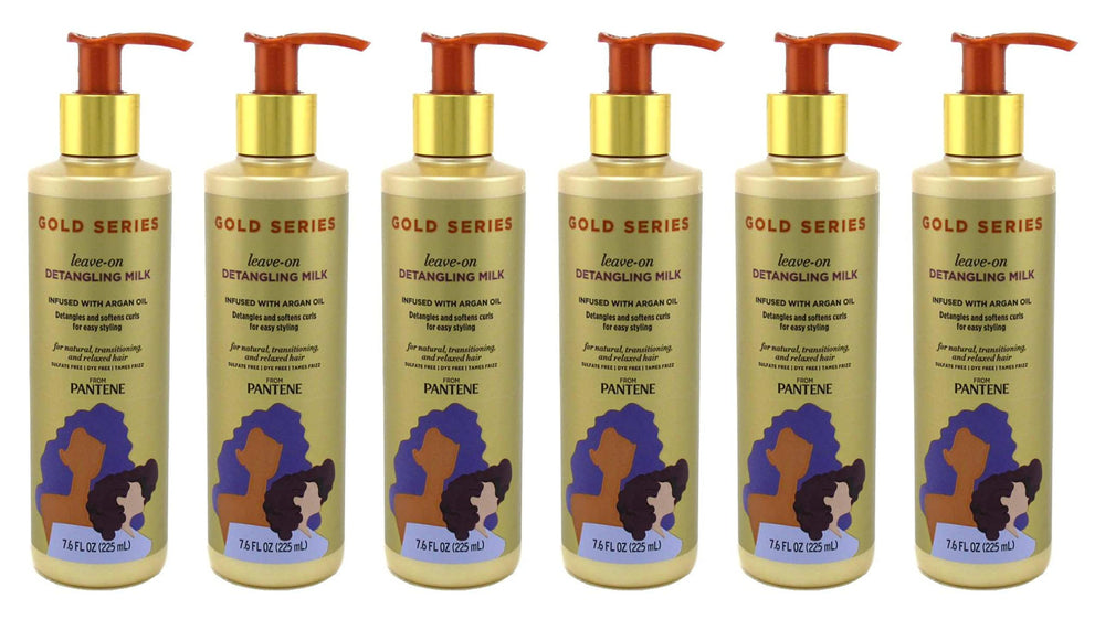 Label close-up of Pantene Gold Series Leave-In Detangling Milk with argan oil.