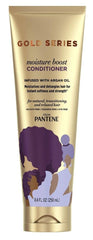 Pantene Gold Series Moist Boost Conditioner bottle delivers moisture for easier detangling.
