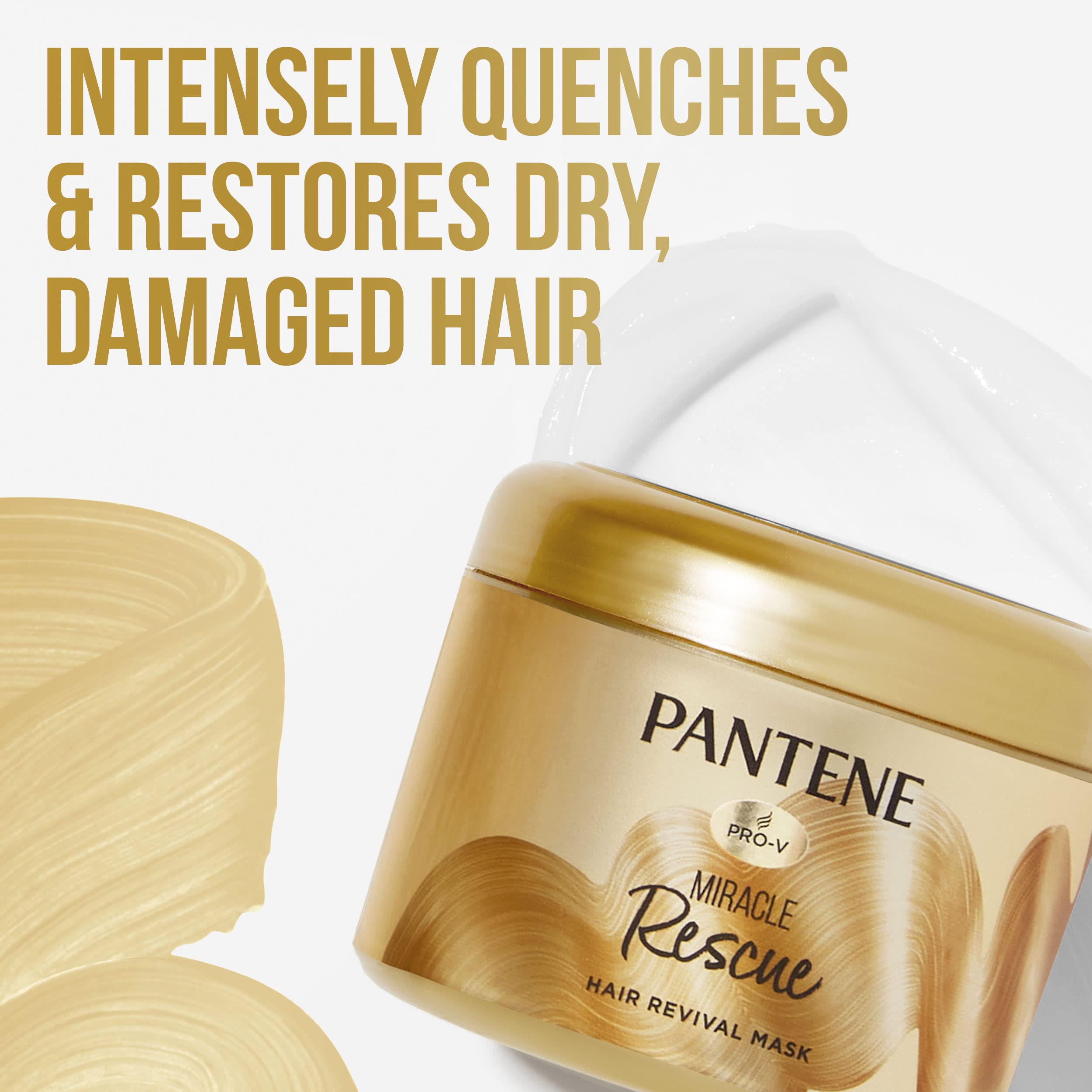 Pantene Miracle Rescue mask being applied to dry hair for intense conditioning.