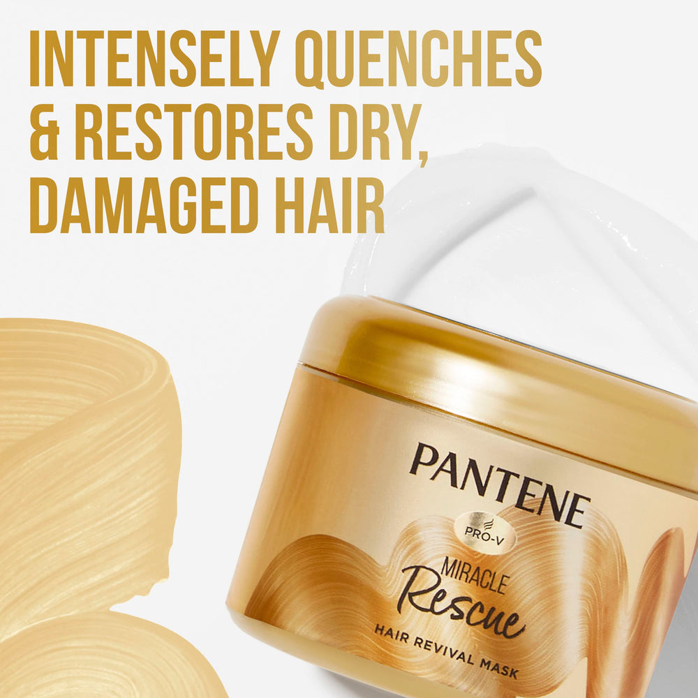 Pantene Miracle Rescue mask being applied to dry hair for intense conditioning.