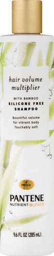 Pantene Nutrient Blends Bamboo Shampoo bottle close-up showing volumizing effect for fine hair