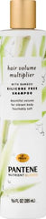 Pantene Nutrient Blends Bamboo Shampoo bottle close-up showing volumizing effect for fine hair
